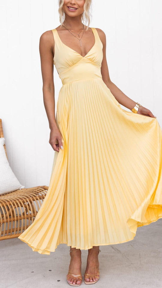 Alma™ | Vestido de Verano Plisado en Amarillo